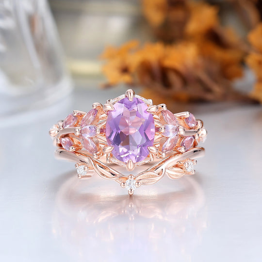 Delicate Leaf Branch Design Amethyst Couple Ring Set S925 And Damascus Steel Matching Rings