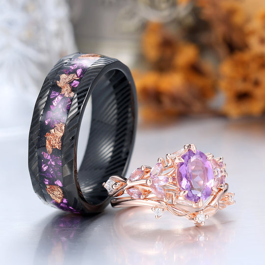 Delicate Leaf Branch Design Amethyst Couple Ring Set S925 And Damascus Steel Matching Rings