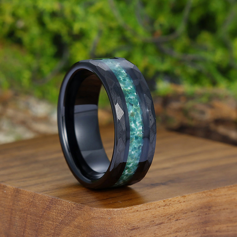 His And Her Moss Agate Tungsten Wedding Band Green Hammered Comfort Fit Mens Ring