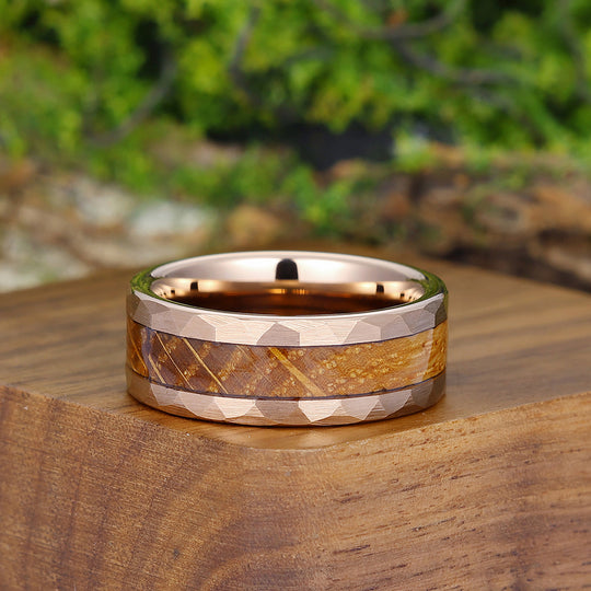 Personalized Wood Inlay Mens Tungsten Wedding Band Rose Gold Anniversary Unisex Ring