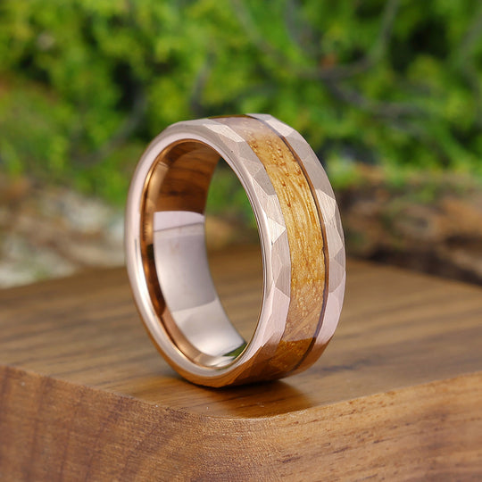 Personalized Wood Inlay Mens Tungsten Wedding Band Rose Gold Anniversary Unisex Ring