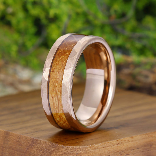 Personalized Wood Inlay Mens Tungsten Wedding Band Rose Gold Anniversary Unisex Ring