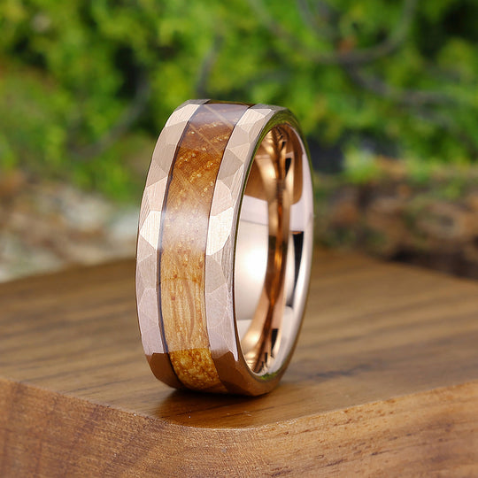 Personalized Wood Inlay Mens Tungsten Wedding Band Rose Gold Anniversary Unisex Ring