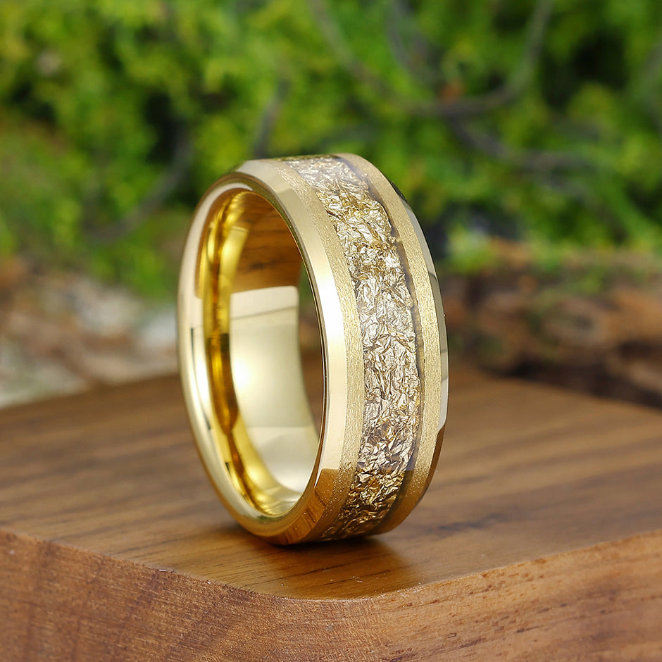 Golden Brilliant Gold Foil Mens Tungsten Wedding Band Yellow Gold Anniversary Ring