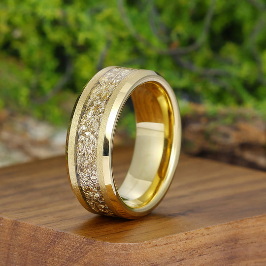 Golden Brilliant Gold Foil Mens Tungsten Wedding Band Yellow Gold Anniversary Ring