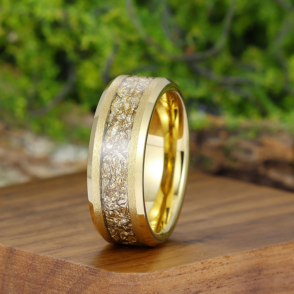 Golden Brilliant Gold Foil Mens Tungsten Wedding Band Yellow Gold Anniversary Ring