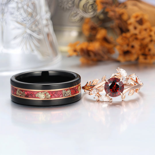 Natural Leaf Inspired Round Cut Natural Red Garnet Couple Rings Matching Black Plated Tungsten Band