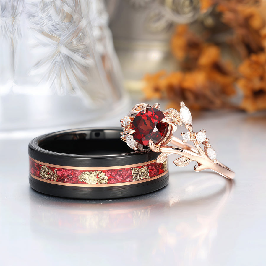 Natural Leaf Inspired Round Cut Natural Red Garnet Couple Rings Matching Black Plated Tungsten Band