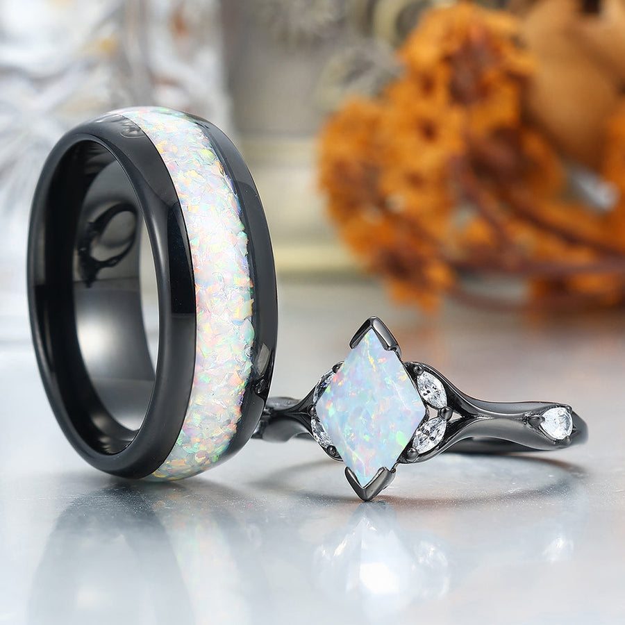 Anillos de compromiso para parejas Art Deco con ópalo blanco y rosa, anillos de tungsteno pulidos con cúpula a juego para parejas