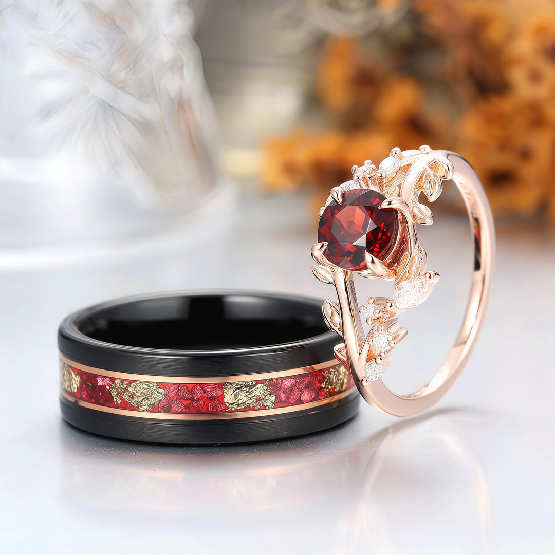 Natural Leaf Inspired Round Cut Natural Red Garnet Couple Rings Matching Black Plated Tungsten Band