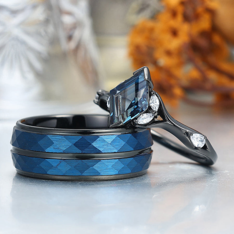 Anillos Curvos Elegantes de Topacio Azul Londres en Forma de Rombo para Parejas, Anillo de Promesa a Juego para Él y Ella
