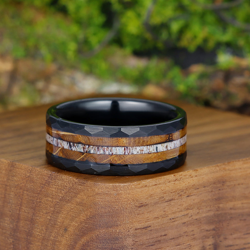 Tactile Wood Strips Tungsten Wedding Band Rose Gold Black Plated Smooth Ring Unisex Ring Gift