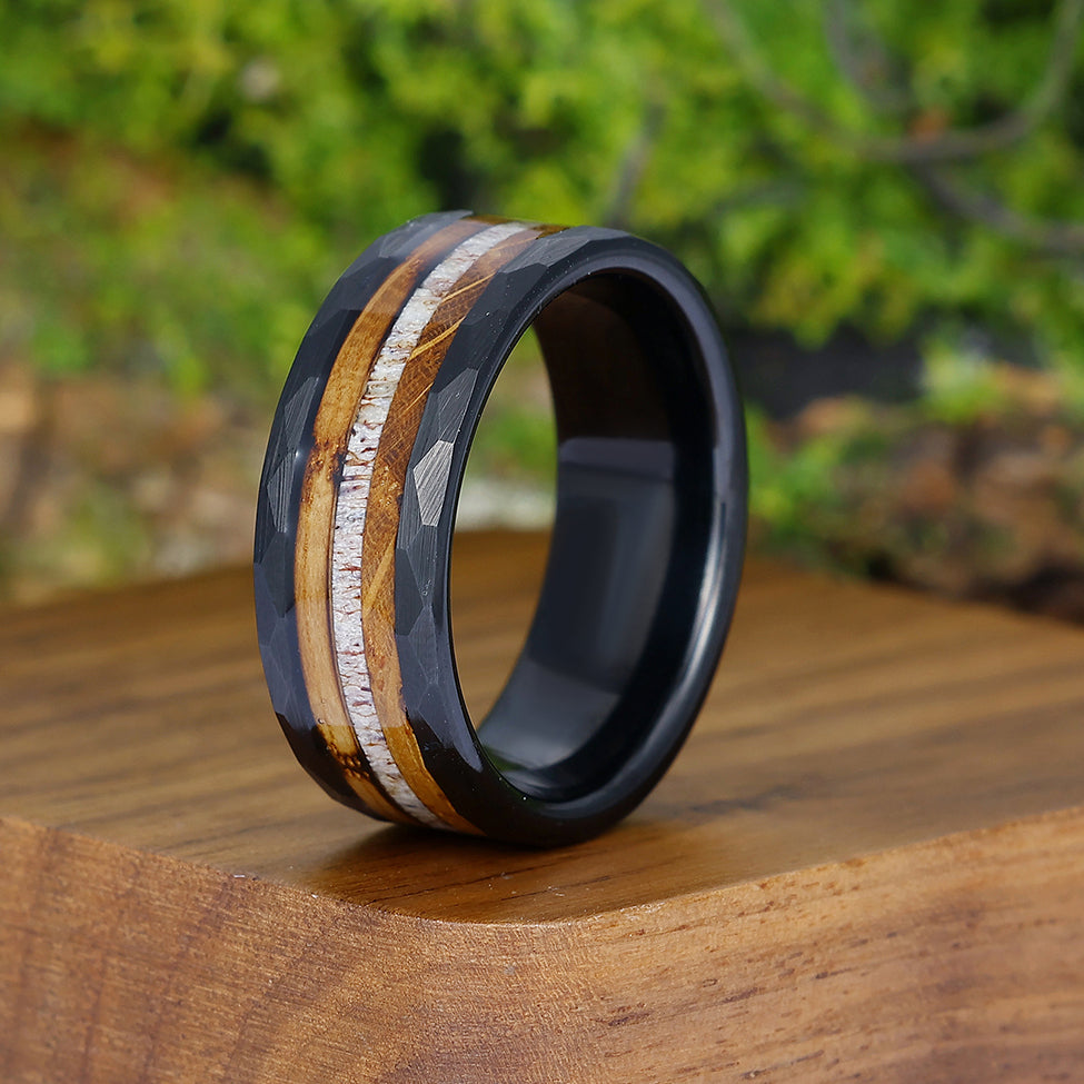 Tactile Wood Strips Tungsten Wedding Band Rose Gold Black Plated Smooth Ring Unisex Ring Gift