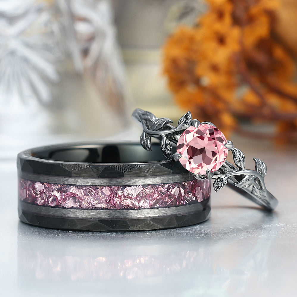 Solitaire Pink Morganite Prongs Engagement Couple Rings Matching Pink Tungsten Promise Wedding Bands -  Esdomera.com
