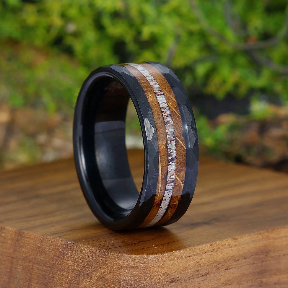 Tactile Wood Strips Tungsten Wedding Band Rose Gold Black Plated Smooth Ring Unisex Ring Gift