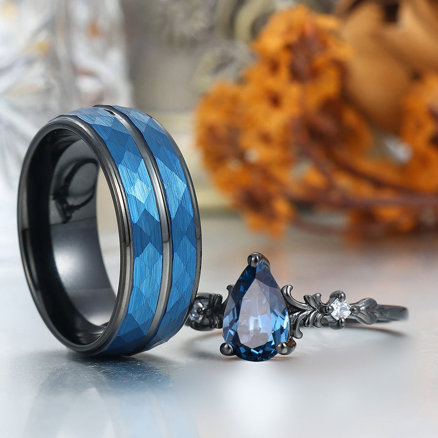 Anillos de pareja con topacio azul Londres corte pera, anillos de promesa azules para aniversario, alianzas de boda para él y para ella