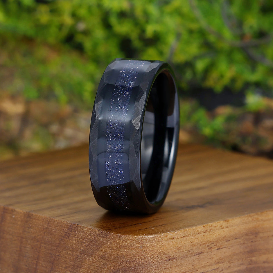 Galaxy Blue Sandstone Mens Tungsten Ring Starry Black Hammered Wedding Band For Men And Women