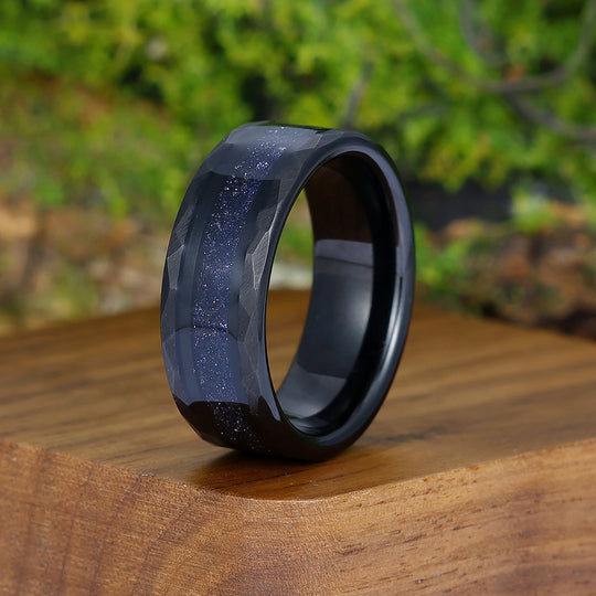 Galaxy Blue Sandstone Mens Tungsten Ring Starry Black Hammered Wedding Band For Men And Women