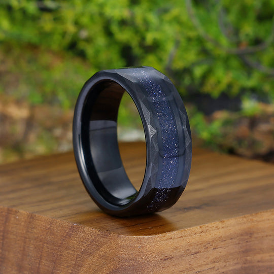 Galaxy Blue Sandstone Mens Tungsten Ring Starry Black Hammered Wedding Band For Men And Women