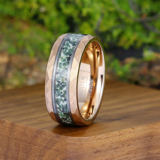 Moss Agate Inlaid Hammer Rose Gold Tungsten Wedding Ring Men’ s Unisex Ring