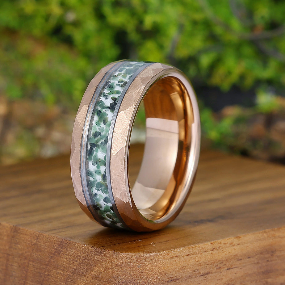 Moss Agate Inlaid Hammer Rose Gold Tungsten Wedding Ring Men’ s Unisex Ring