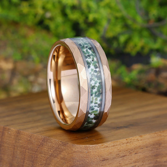 Moss Agate Inlaid Hammer Rose Gold Tungsten Wedding Ring Men’ s Unisex Ring