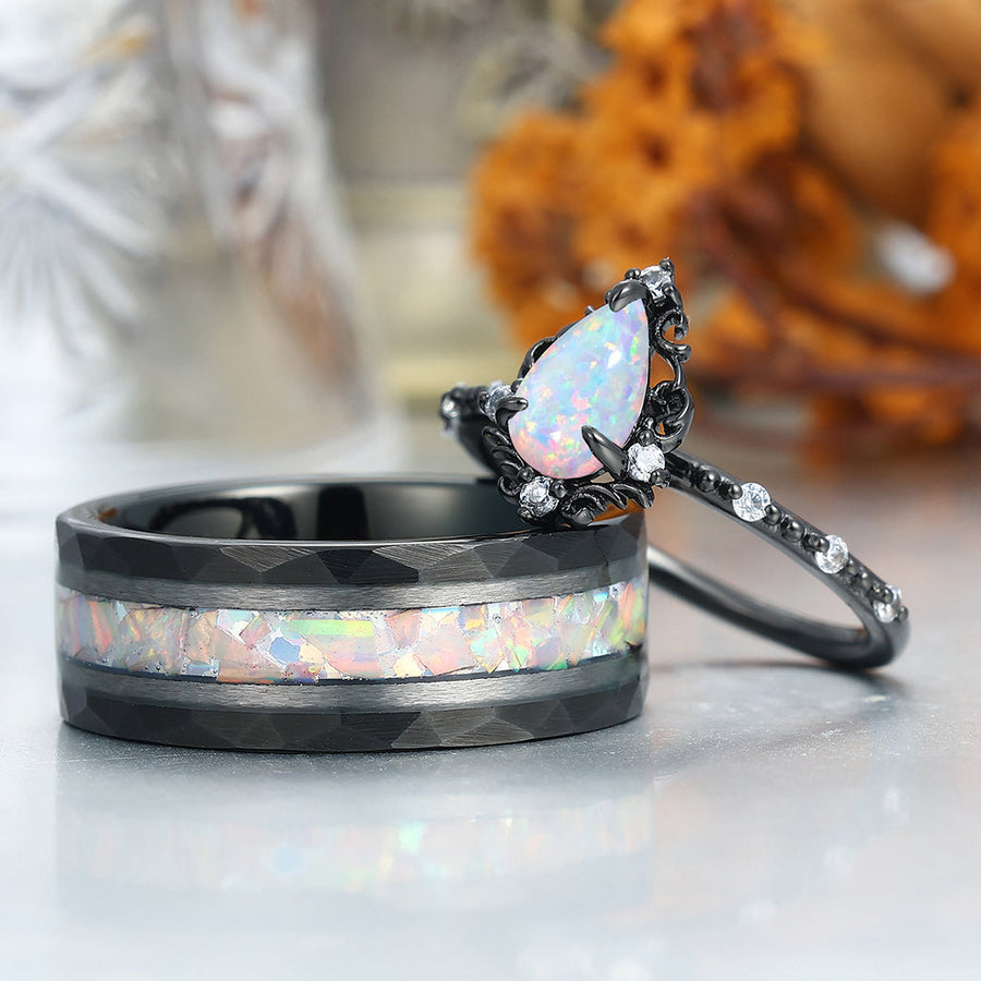 Romantische roze-witte opaal filigraan verlovingsringen voor koppels S925 en tungsten trouwband voor hem en haar