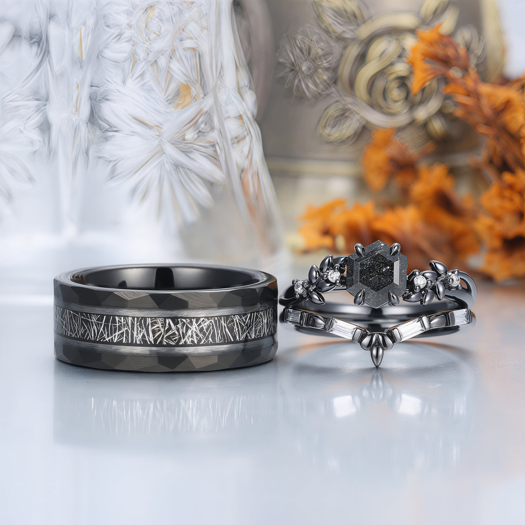Wheat Inspired Natural Black Rutilated Quartz Couple Ring Set Minimalist Line-style His And Hers Ring -  Esdomera.com