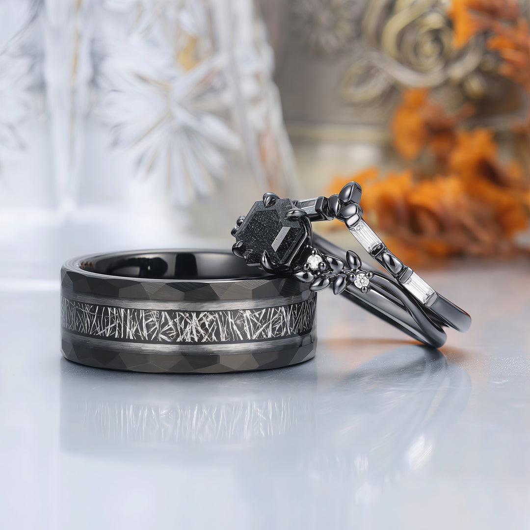 Wheat Inspired Natural Black Rutilated Quartz Couple Ring Set Minimalist Line-style His And Hers Ring -  Esdomera.com