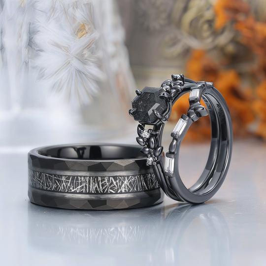 Wheat Inspired Natural Black Rutilated Quartz Couple Ring Set Minimalist Line-style His And Hers Ring -  Esdomera.com