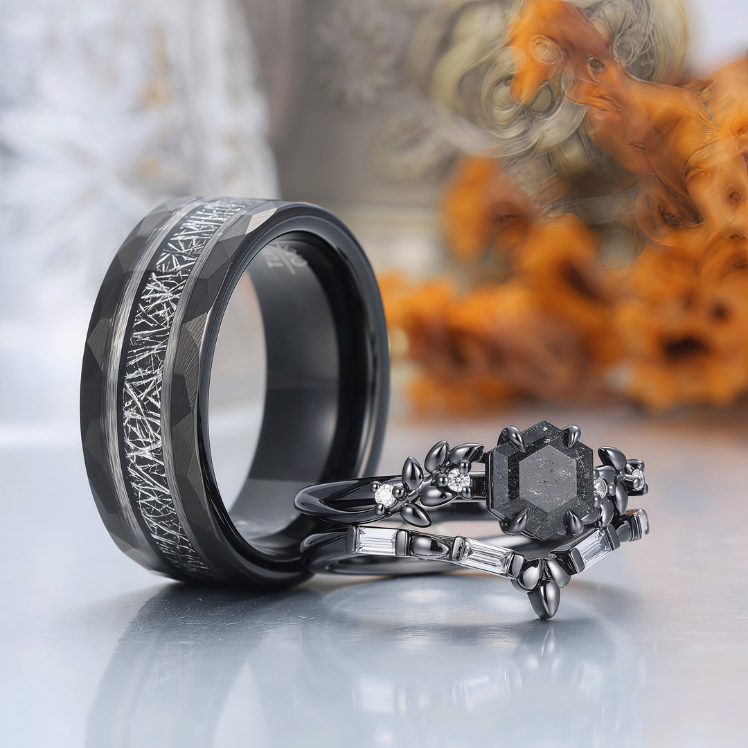 Wheat Inspired Natural Black Rutilated Quartz Couple Ring Set Minimalist Line-style His And Hers Ring -  Esdomera.com