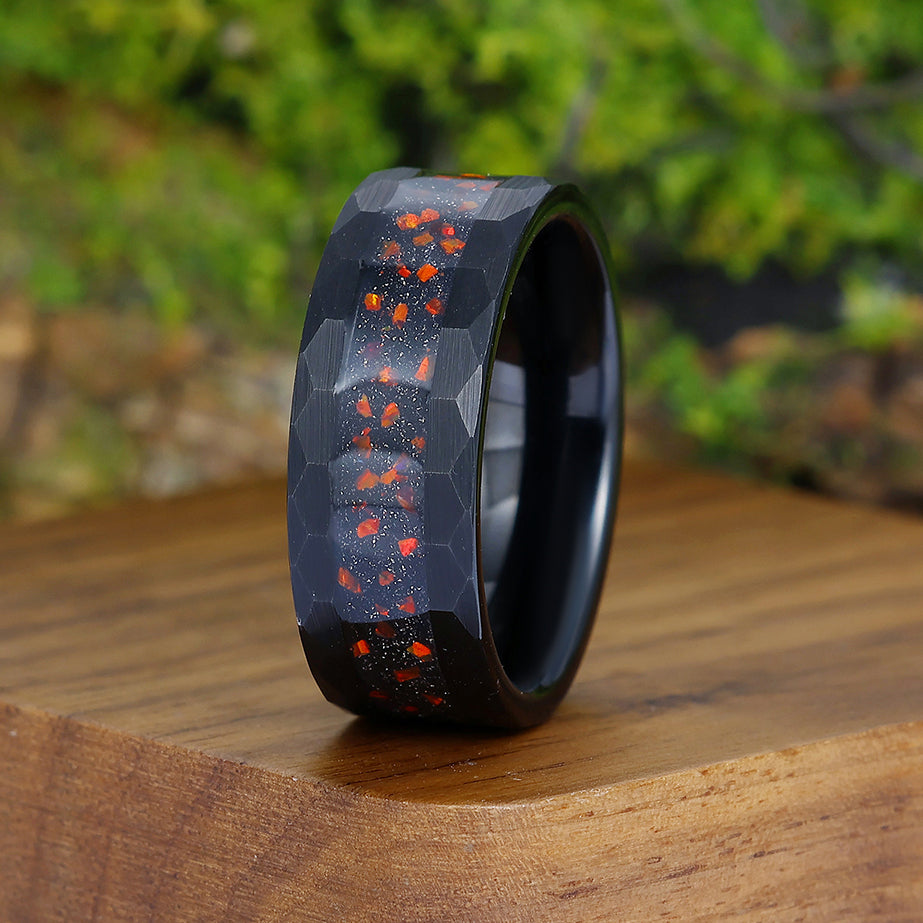 Unique Blue Sandstone Red Fire Opal Unisex Promise Wedding Band Promise Hammered Black Men's Tungsten Ring