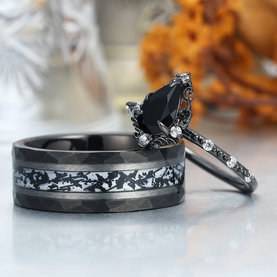 Anillos de compromiso de ónix negro natural filigranados para parejas, anillo de boda moderno martillado para aniversario