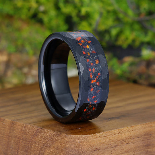 Unique Blue Sandstone Red Fire Opal Unisex Promise Wedding Band Promise Hammered Black Men's Tungsten Ring