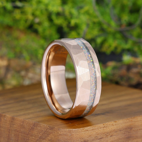 Pink White Opal Rose Gold Plated Tungsten Wedding Band Hammer Men' s Unisex Ring