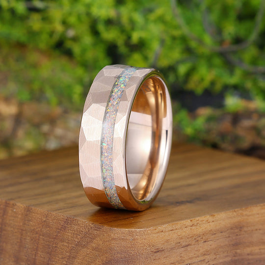 Pink White Opal Rose Gold Plated Tungsten Wedding Band Hammer Men' s Unisex Ring