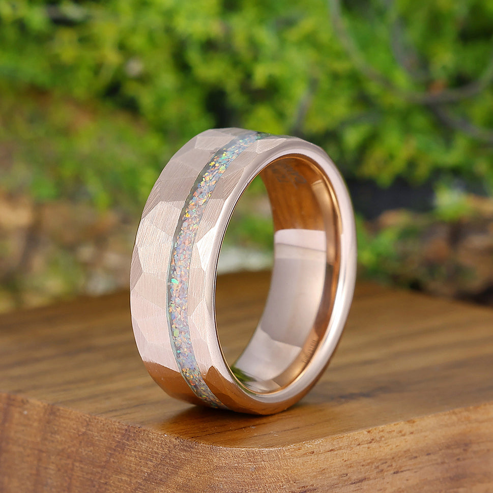 Pink White Opal Rose Gold Plated Tungsten Wedding Band Hammer Men' s Unisex Ring