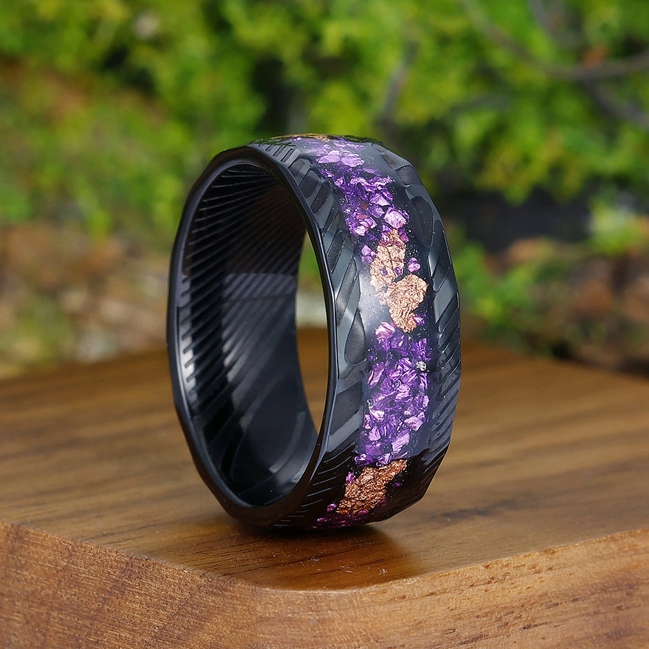 Hammered Damascus Steel - Crushed Gold Foil and Amethyst Inlay Men’s Promise Ring Unisex Bands