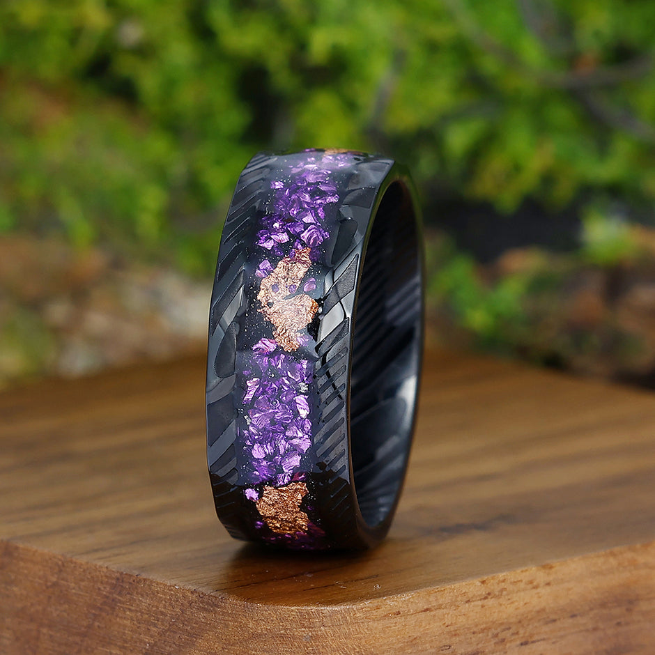 Hammered Damascus Steel - Crushed Gold Foil and Amethyst Inlay Men’s Promise Ring Unisex Bands