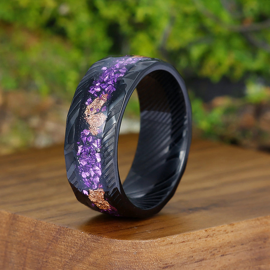 Hammered Damascus Steel - Crushed Gold Foil and Amethyst Inlay Men’s Promise Ring Unisex Bands