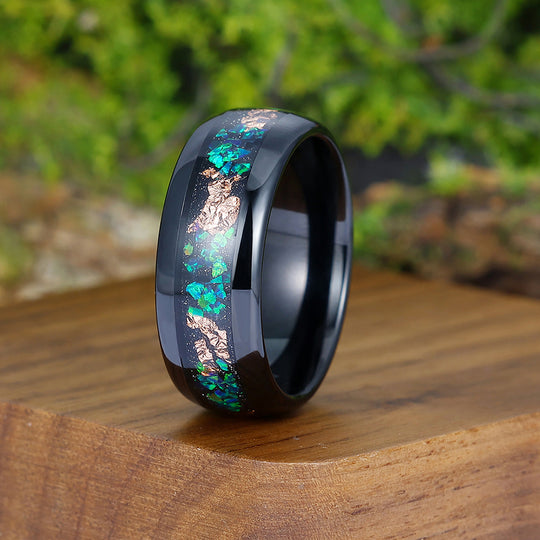 Unique Peacock Green Opal Gold Foil Tungsten Promise Ring Men’s Anniversary Ring