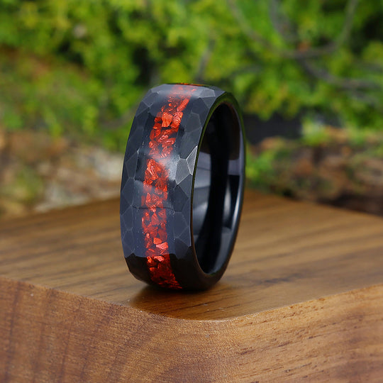 Crushed Red Ruby Black Men's Tungsten Wedding Band 8mm Hammered Ring Unique Promise Ring For Him