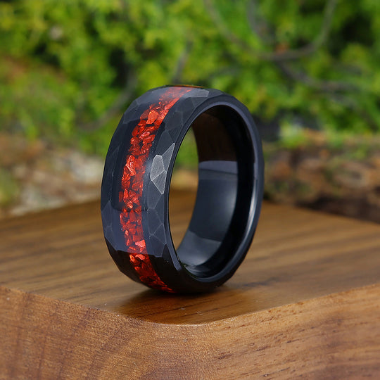 Crushed Red Ruby Black Men's Tungsten Wedding Band 8mm Hammered Ring Unique Promise Ring For Him