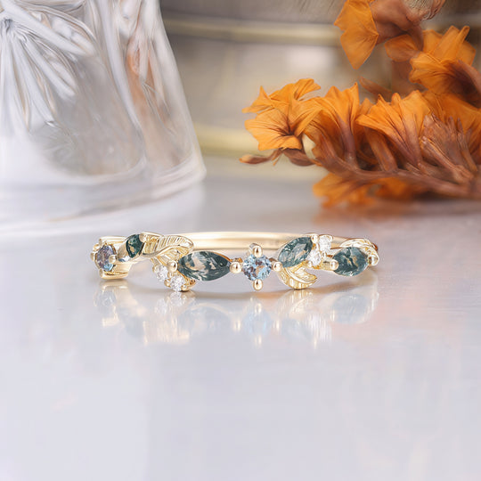 Leaf Style Moss Agate Alexandrite Wedding Band Yellow Gold Bridal Ring Band
