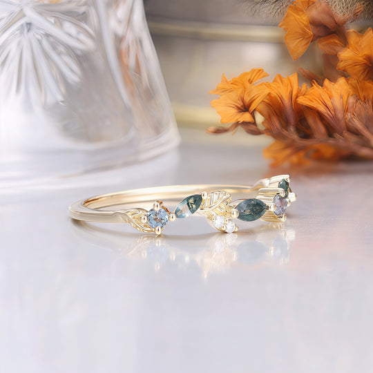 Leaf Style Moss Agate Alexandrite Wedding Band Yellow Gold Bridal Ring Band