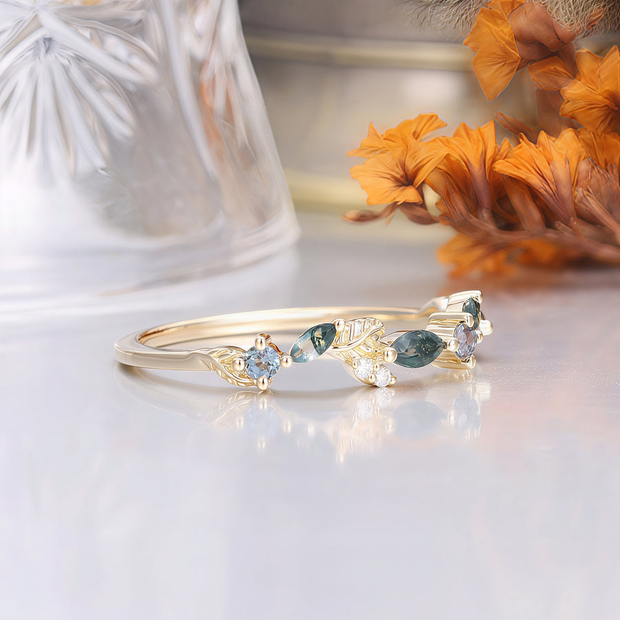 Leaf Style Moss Agate Alexandrite Wedding Band Yellow Gold Bridal Ring Band
