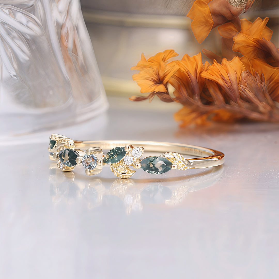 Leaf Style Moss Agate Alexandrite Wedding Band Yellow Gold Bridal Ring Band
