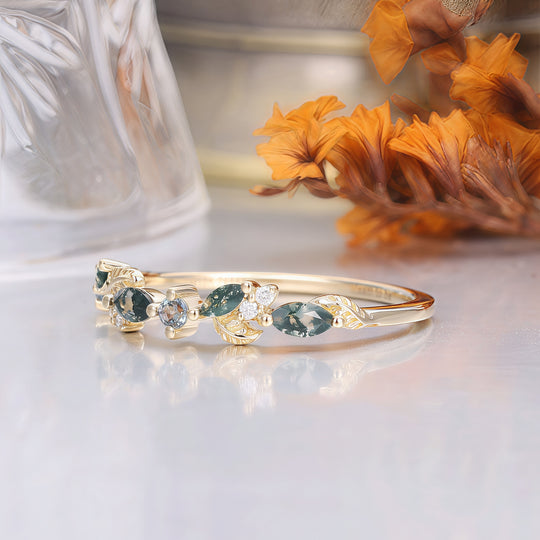 Leaf Style Moss Agate Alexandrite Wedding Band Yellow Gold Bridal Ring Band