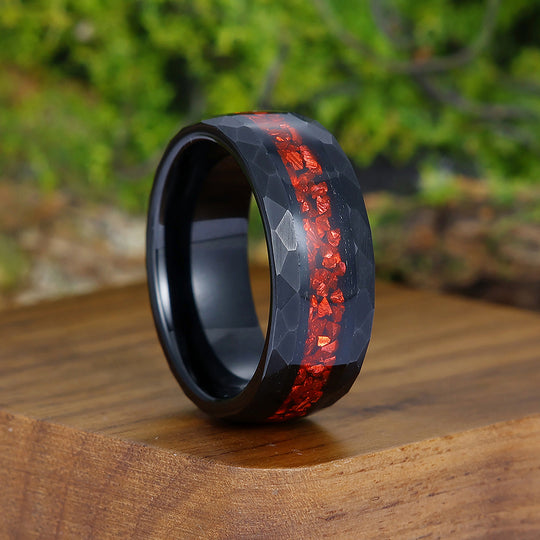 Crushed Red Ruby Black Men's Tungsten Wedding Band 8mm Hammered Ring Unique Promise Ring For Him