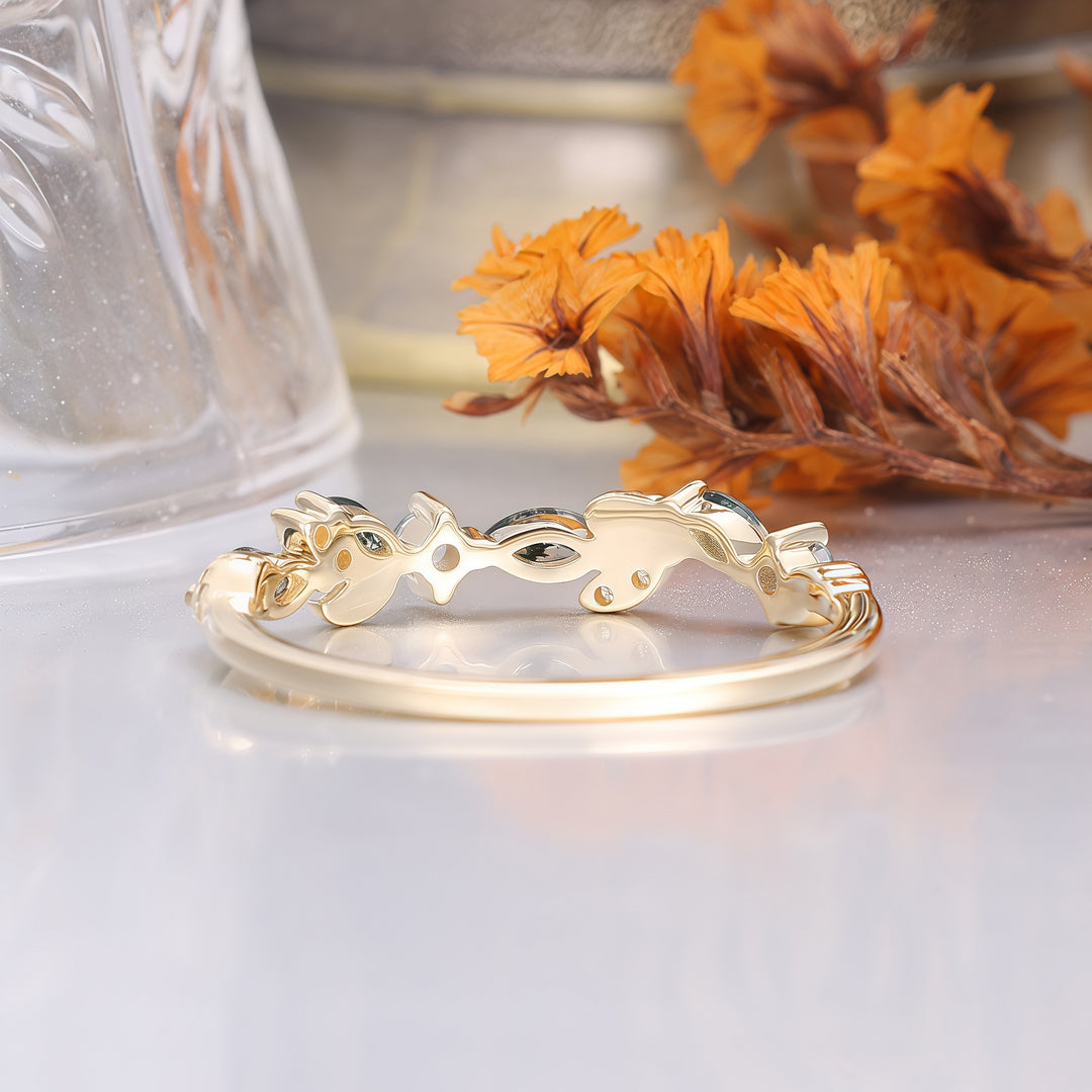 Leaf Style Moss Agate Alexandrite Wedding Band Yellow Gold Bridal Ring Band